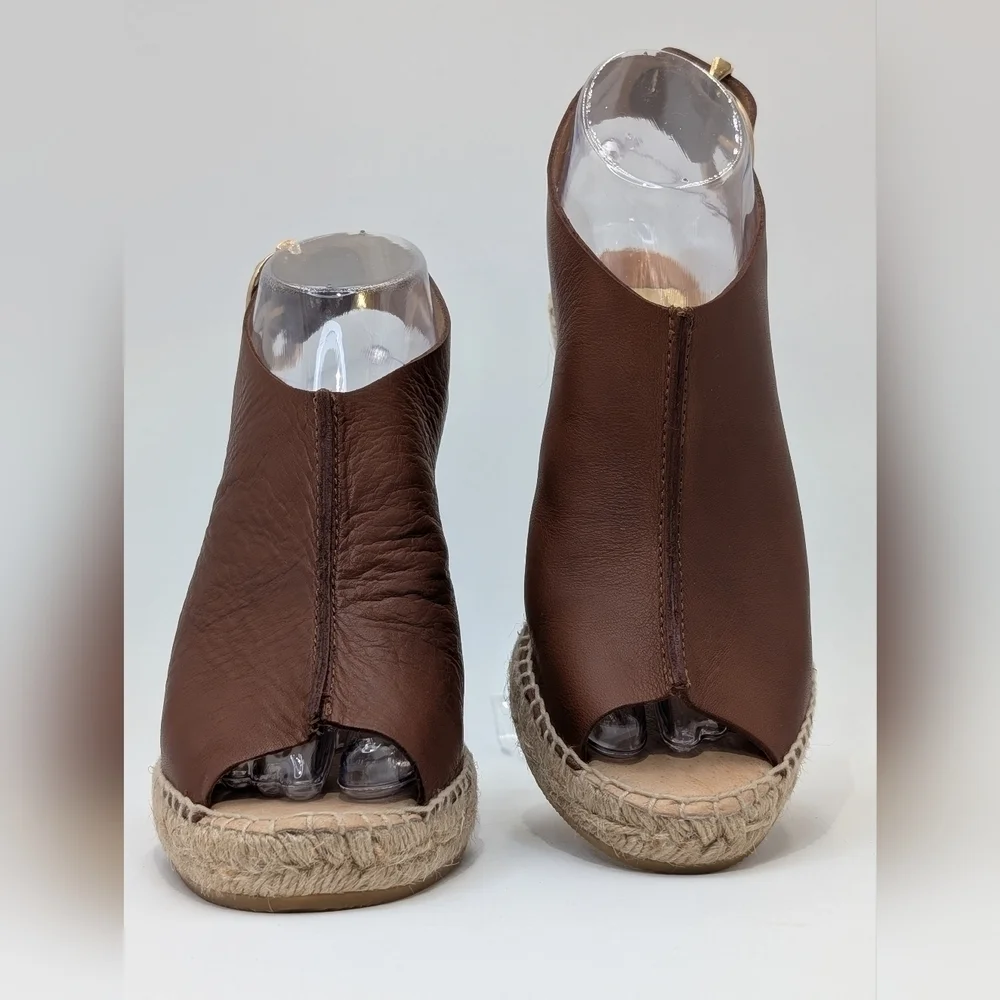 Kanna Peep Toe Spain Slingback Brown Leather Espadrille Wedge Sandals Size‎ 6.5